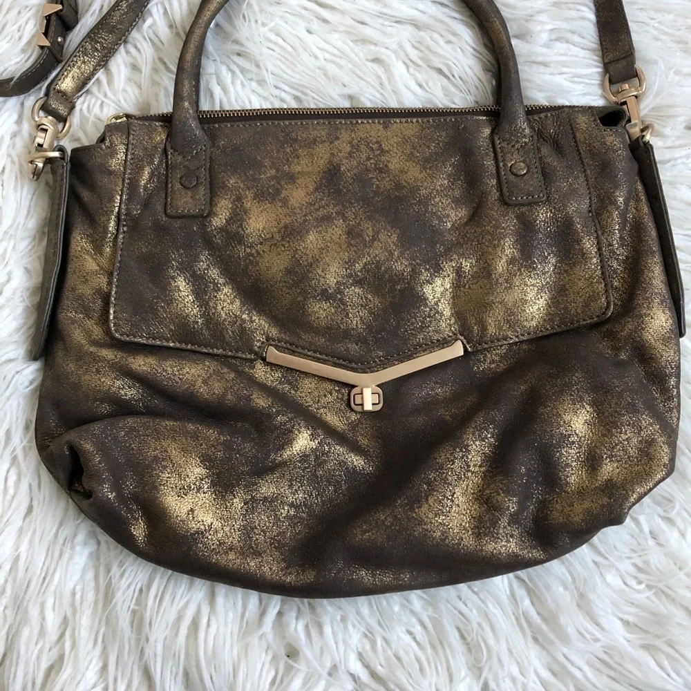 Botkier Leather Valentina Brown Gold Metallic Large Satchel Bag EUC